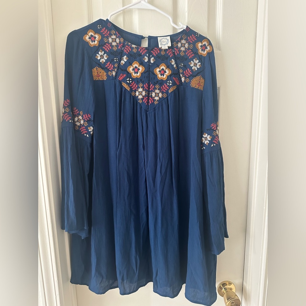 Blue Rain Navy Dress with Multicolor Embroidery